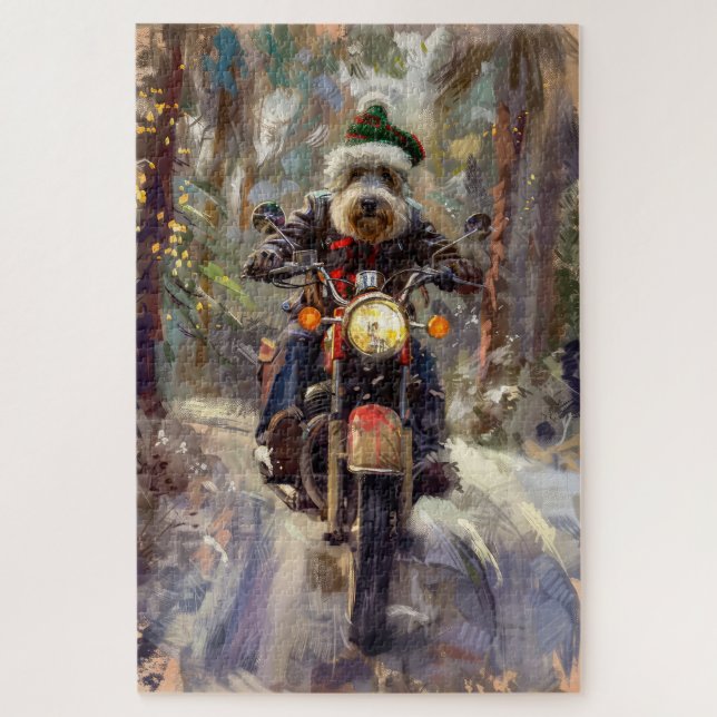 Puzzle Bernedoodle Dog Riding Motorcycle Christmas (Vertical)