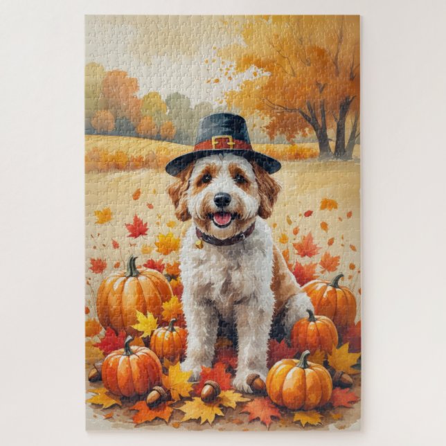 Puzzle Bernedoodle en otoño deja arte de Acción de Gracia (Vertical)