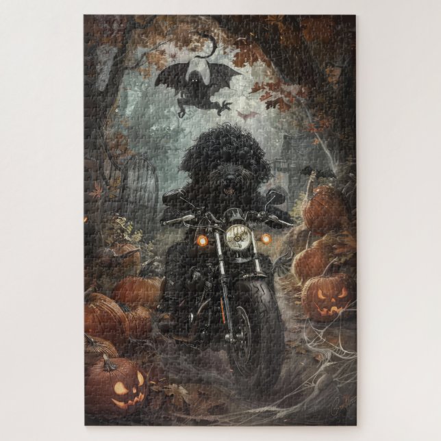 Puzzle Bernedoodle montando motocicleta Halloween aterrad (Vertical)