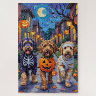 Puzzle Bernedoodle perros trick-or-Treating en Halloween 