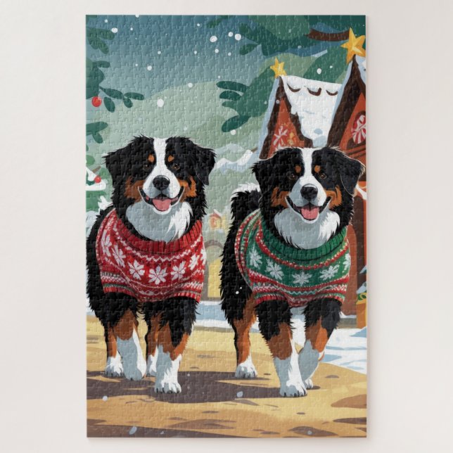 Puzzle Bernese Mountain Dogs Christmas Snow Holiday (Vertical)