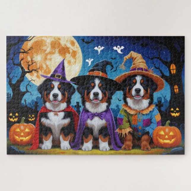 Puzzle Bernese Mountain Dogs Pumpkin Halloween Funny (Horizontal)