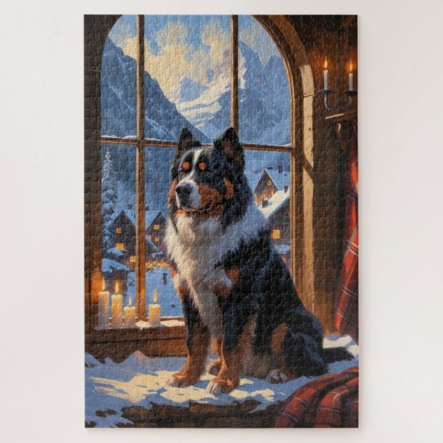 Puzzle Bernese Mountain With Christmas Lights Holiday  (Vertical)