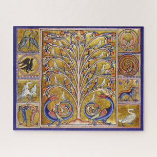 PUZZLE BESTIARIO MEDIEVAL, AVES EN ÁRBOL DE VIDA, DRAGONE