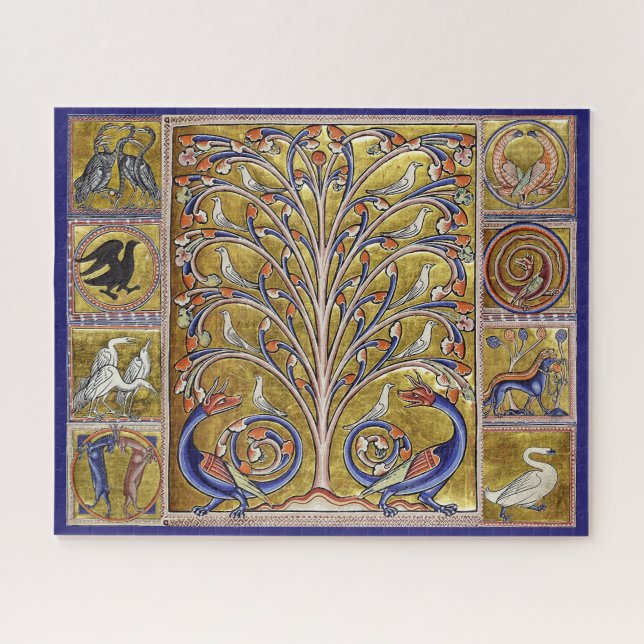 PUZZLE BESTIARIO MEDIEVAL, AVES EN ÁRBOL DE VIDA, DRAGONE (Horizontal)