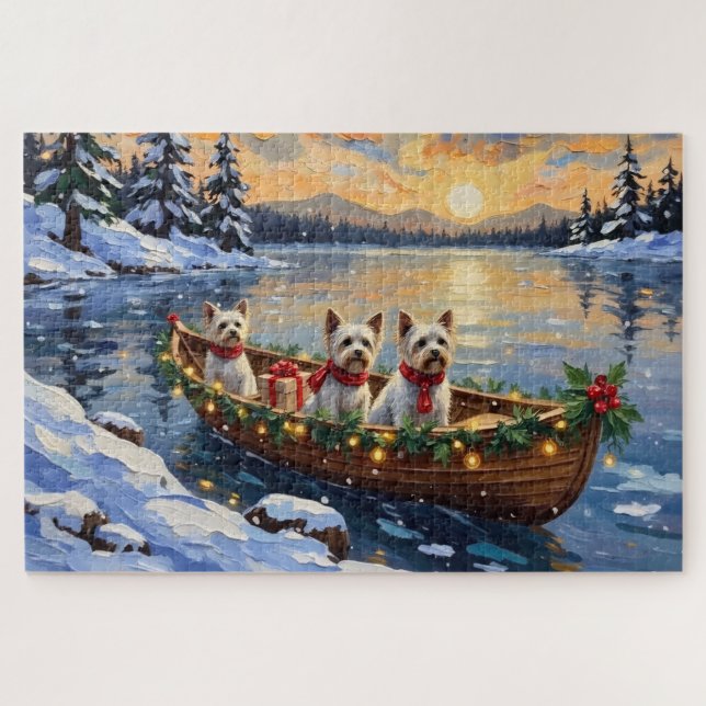 Puzzle Bichon Frise Christmas Boat Holiday (Horizontal)