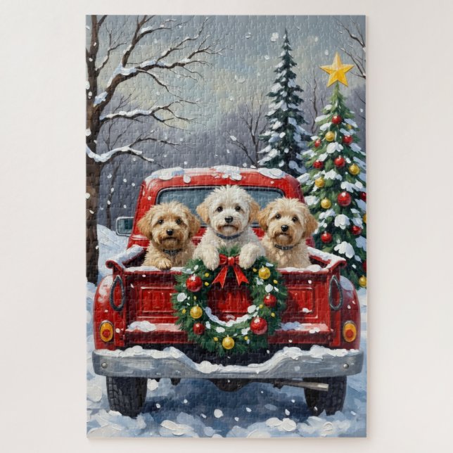 Puzzle Bichon Frise Christmas Red Truck Holiday (Vertical)