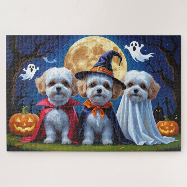 Puzzle Bichon Frise Dogs Pumpkin Halloween Funny (Horizontal)