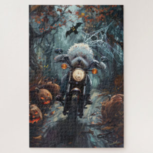 Puzzle Bichon Frise montando motocicleta Halloween aterra