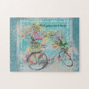Puzzle Bicicleta con cestas de flores en la burlap azul