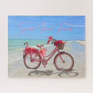 Puzzle Bicicleta de flamenco rosa lindo en la playa de la
