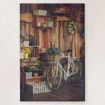 Puzzle Bicicleta Rustic Porch Flowers<br><div class="desc">Este rompecabezas rústico presenta una bicicleta vieja con una canasta llena de flores de lavanda en un porche de madera.</div>