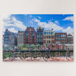 Puzzle Bicicletas Casas a lo largo del Canal de Amsterdam