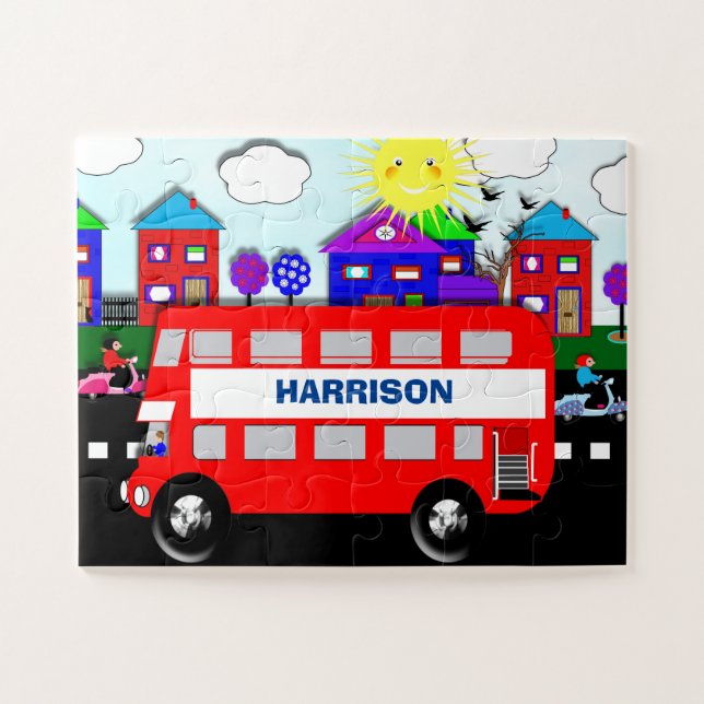 Puzzle Big Red Bus Cute Niños Personalizados (Horizontal)