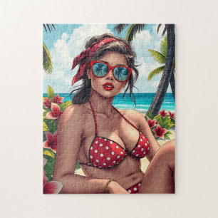 Puzzle Bikini rojo, gafas de sol y mujer andana