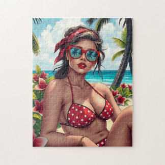 Puzzle Bikini rojo, gafas de sol y mujer andana