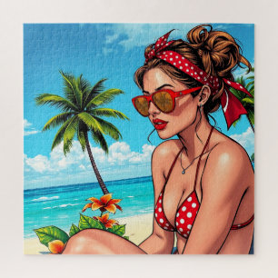 Puzzle Bikini rojo, gafas de sol y mujer andana