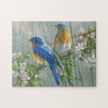 Puzzle Birds Cherry Blossom Wood Pattern Watercolor Art<br><div class="desc">Hermoso cuadro contemporáneo de aves de color azul,  amarillo y blanco sentadas en una rama de cerezo en flor,  sobre un fondo de madera. Diseño de rompecabezas para el amante del arte acuarela,  la naturaleza,  los animales,  las aves y la fauna.</div>