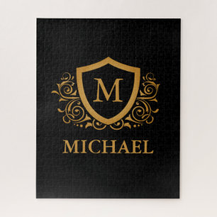 Puzzle Black and Gold Personalized Stylish Monogram Name
