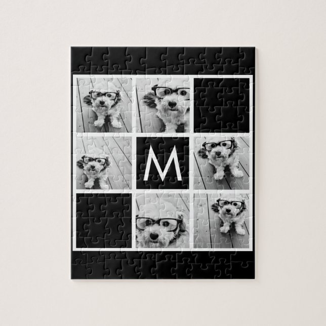 Puzzle Black and White 6 Photo Collage Custom Monogram (Vertical)