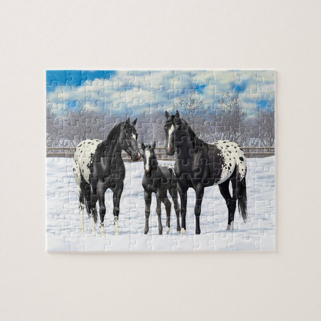 Puzzle Black Appaloosa Horses In Snow (Horizontal)
