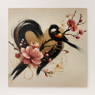 Puzzle Black Bird and Cherry Blossom Heart