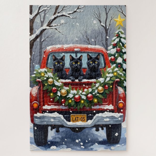 Puzzle Black Cat Christmas Red Truck Holiday (Vertical)