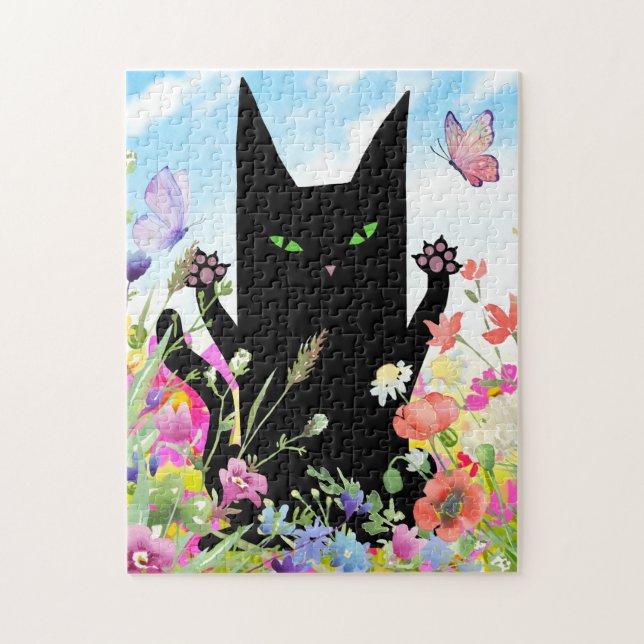 Puzzle Black Cat Spring Fever:  Kitty and Flowers (Vertical)