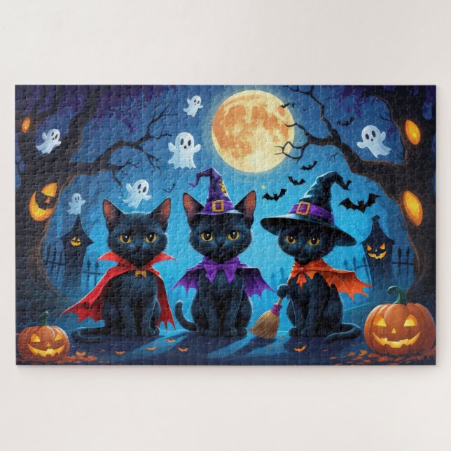 Puzzle Black Cats Pumpkin Halloween Funny (Horizontal)