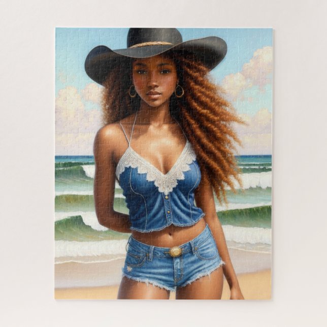 Puzzle Black Cowgirl Copper Hair Beach (Vertical)