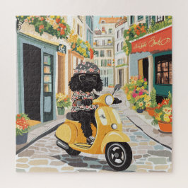 Puzzle Black Doodle Riding Scooter European City Streets