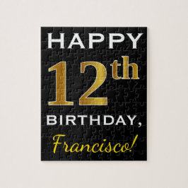 Puzzle Black, Faux Gold 12th Birthday + Custom Name