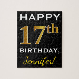 Puzzle Black, Faux Gold 17th Birthday + Custom Name