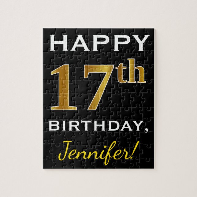 Puzzle Black, Faux Gold 17th Birthday + Custom Name (Vertical)