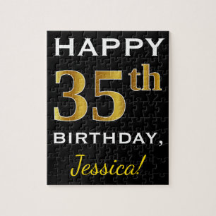 Puzzle Black, Faux Gold 35th Birthday + Custom Name