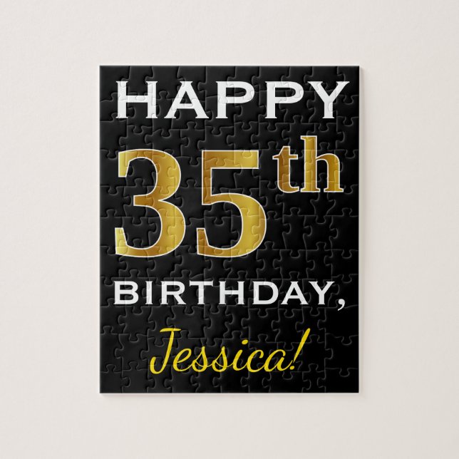 Puzzle Black, Faux Gold 35th Birthday + Custom Name (Vertical)