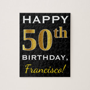 Puzzle Black, Faux Gold 50th Birthday + Custom Name