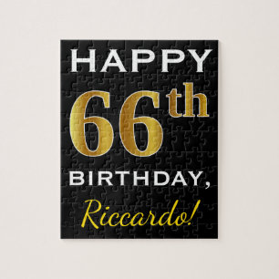 Puzzle Black, Faux Gold 66th Birthday + Custom Name