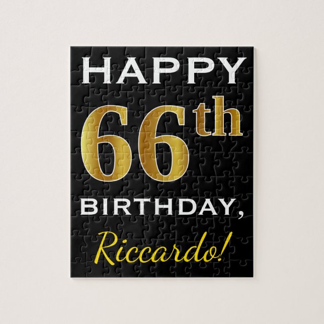 Puzzle Black, Faux Gold 66th Birthday + Custom Name (Vertical)