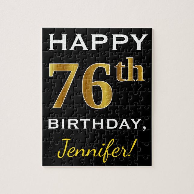 Puzzle Black, Faux Gold 76th Birthday + Custom Name (Vertical)