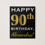Puzzle Black, Faux Gold 90th Birthday   Custom Name<br><div class="desc">Este diseño de rompecabezas presenta el mensaje "Feliz cumpleaños 90",  con el "90" en apariencia de oro falso. También incluye un nombre personalizado y un fondo de color negro. Se podría dar a alguien que esté celebrando su cumpleaños número noventa.</div>