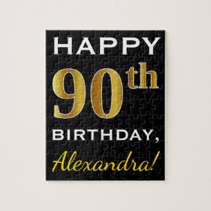 Puzzle Black, Faux Gold 90th Birthday + Custom Name