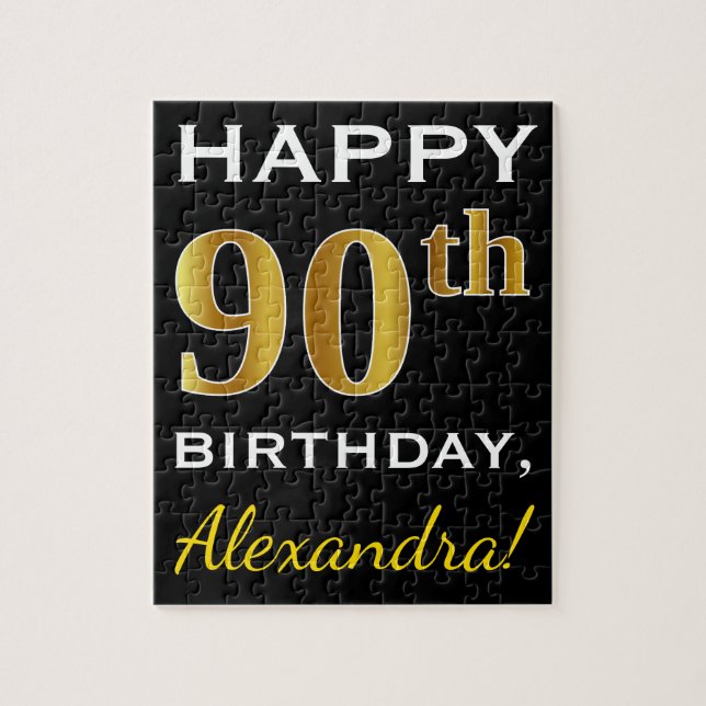 Puzzle Black, Faux Gold 90th Birthday + Custom Name (Vertical)
