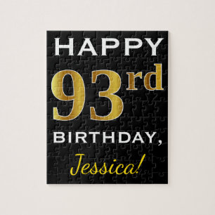 Puzzle Black, Faux Gold 93rd Birthday + Custom Name