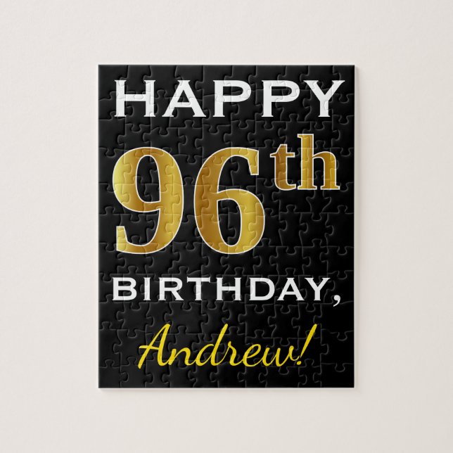 Puzzle Black, Faux Gold 96th Birthday + Custom Name (Vertical)