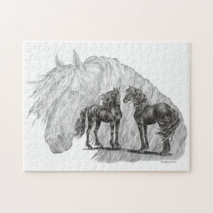 Puzzle Black Friesian Horses Manes Tails