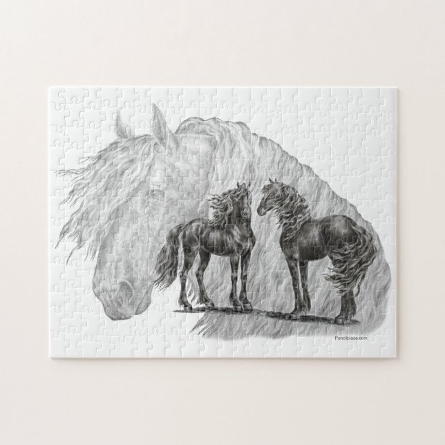 Puzzle Black Friesian Horses Manes Tails (Horizontal)