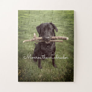 Puzzle Black Lab con dos palos Dog Photo and Name