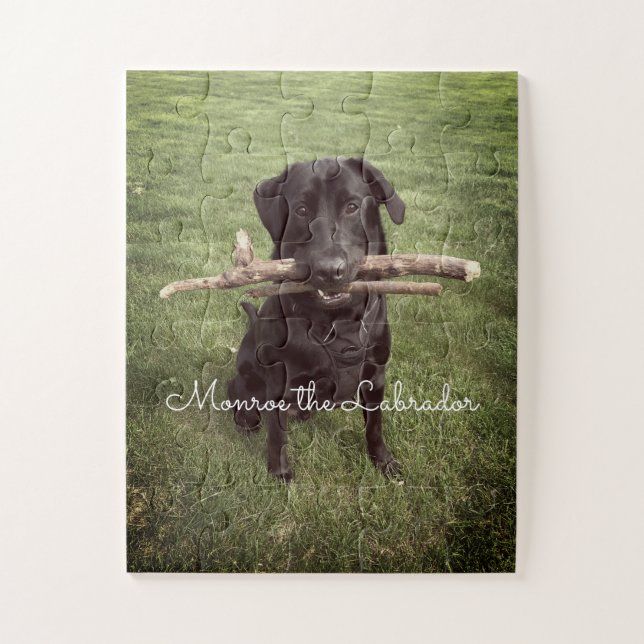 Puzzle Black Lab con dos palos Dog Photo and Name (Vertical)