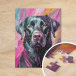 Puzzle Black Lab Retrato Arte Moderno<br><div class="desc">Un retrato de arte moderno vibrante de un recuperador de labradores negros con brochas audaces y abstractas en tonos negros, rosas y amarillos. Los trazos expresivos capturan la personalidad lúdica del perro, mientras que la inesperada paleta de colores le da un giro artístico y caprichoso al retrato tradicional mascota. Esta...</div>